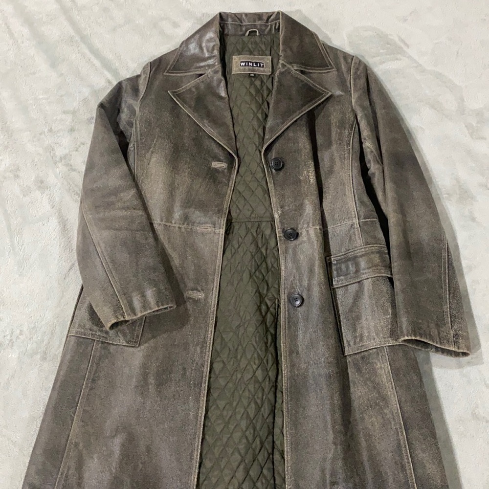 Long black distressed Winlit leather coat.